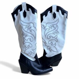 L’INTERVALLE Western Tall Square Leather Black White Cowboy Boots Women’s Size 8